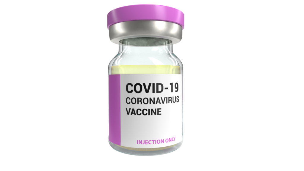 COVID-19 Vaccine Vial. Vial with purple cap and label with purple vertical stripe. Text in black font: "COVID-19 Coronavirus Vaccine." Purple smaller font: "Injection only."