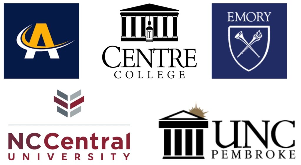 Logos for Alamance Community College, Centre College, Emory, NC Central University, and UNC Pembroke